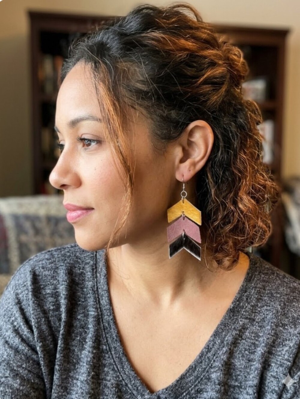 Handmade Tri-Color Chevron GenuineLeather Drop Earrings - Yellow, Mauve, Brown
